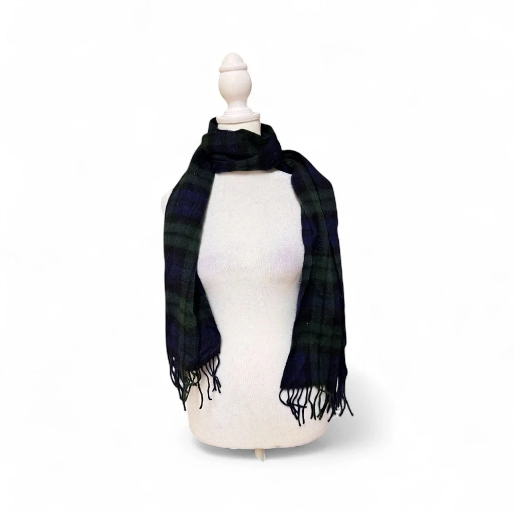 Shepherd’s Land 100% Lambswool Tartan Plaid Fringe Scarf Navy Green